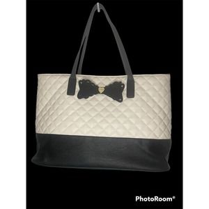 Betsey Johnson Ivory and Black Quilted Tote Bow